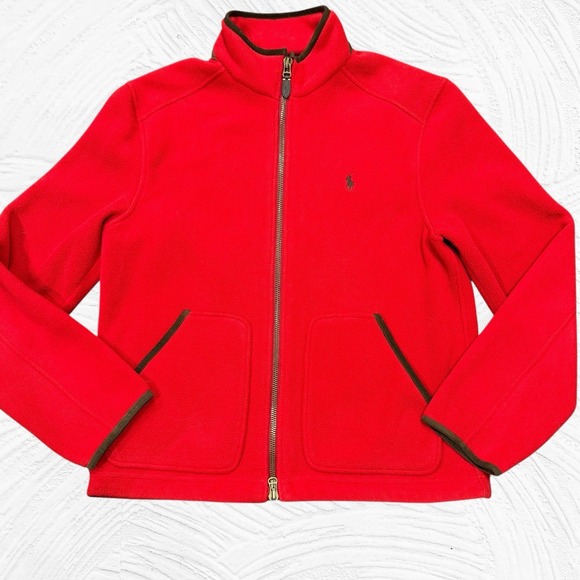 Polo Ralph Lauren Men Large‎ Fleece Jacket Leather Trim Full Zip Gorp Preppy